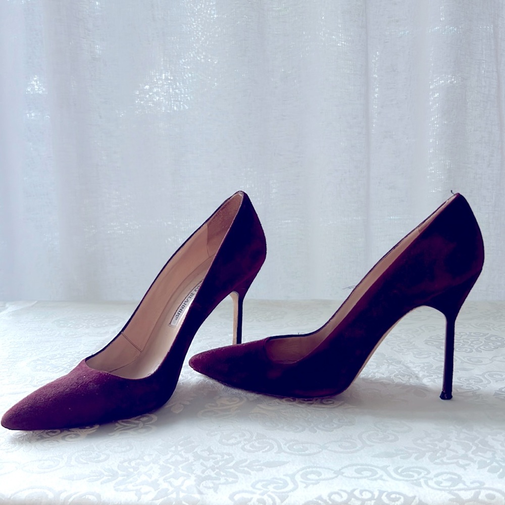 Manolo Blahnik wine suede heels-pairs great with fall and the holidays